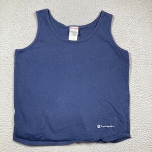 Vintage Champion Crop Tank Top Women's Small Blue T Shirt Sleeveless Logo Casual